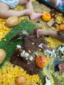 Children exploring farm themed messy play tray