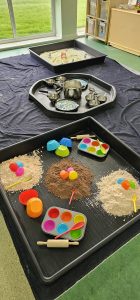 Cookie dough, snowflake soup and snowmen riding in the snow sensory trays