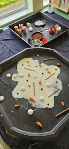 Melted snowman oobleck and hot cocoa sensory trays